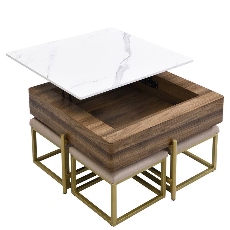 31.5" MDF Lift-Top Coffee Table with 4 Ottomans & Storage