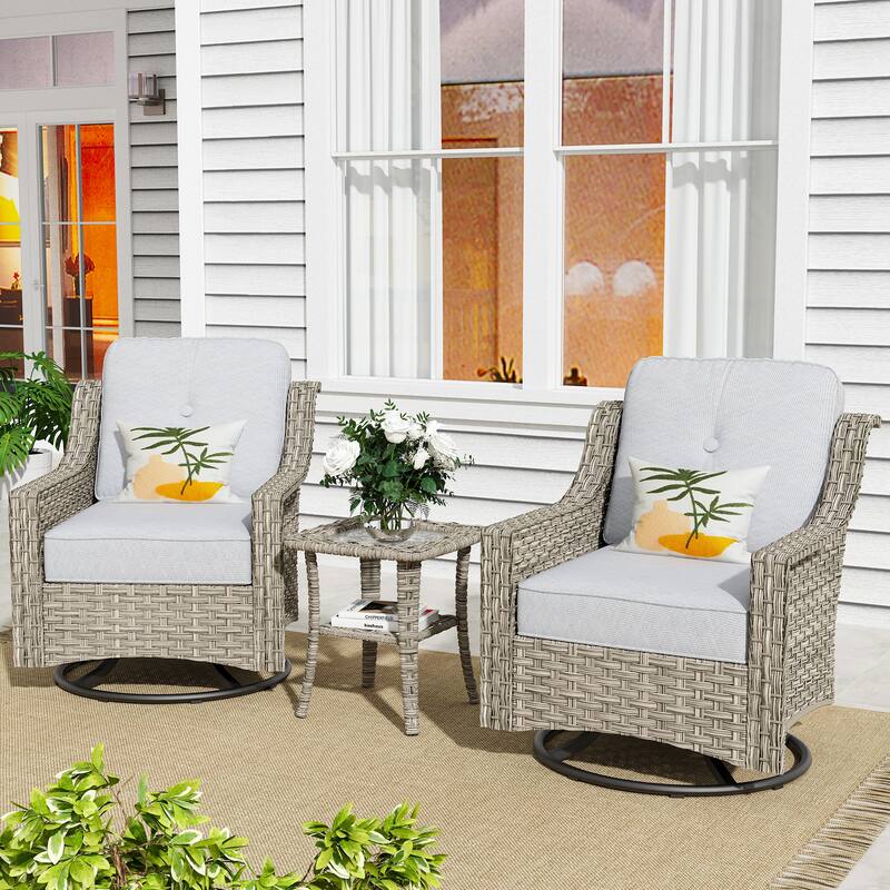 XIZZI 3-Piece Swivel Rocking Chair Rattan Wicker Outdoor Patio Furniture Bistro Set - Grey