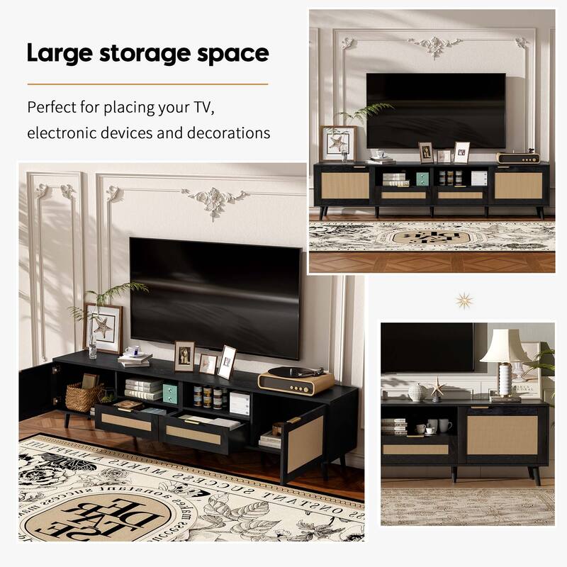Rattan TV Stand for TVs up to 85'', Modern Farmhouse Media Console, Entertainment Center with Solid Wood Legs