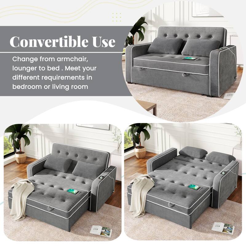 Upholstered Loveseat Pull Out Sofa Bed, Lounge Couch w2 Pillows & 2 USB Port, Adjustable Backrest Futon Sofa Tufted Couch