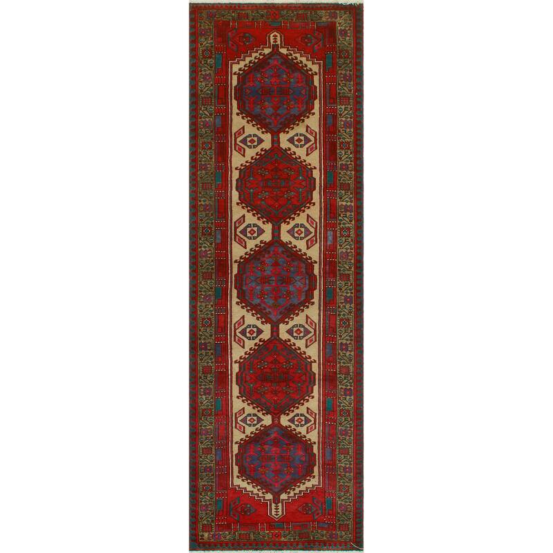 Fine Vintage Distressed Bushra Beige/Red Runner - 3'5" x 11'2"