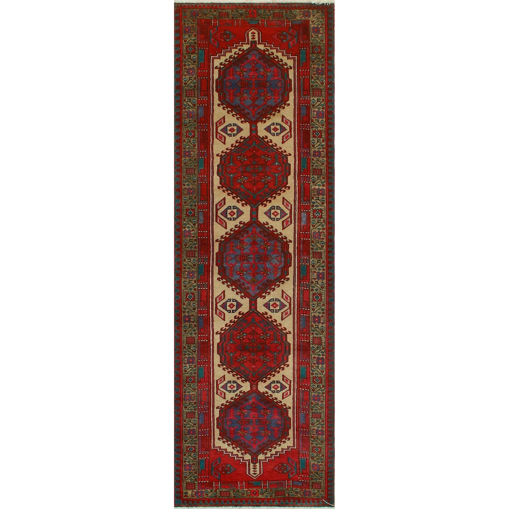 Fine Vintage Distressed Bushra Beige/Red Runner - 3'5" x 11'2"