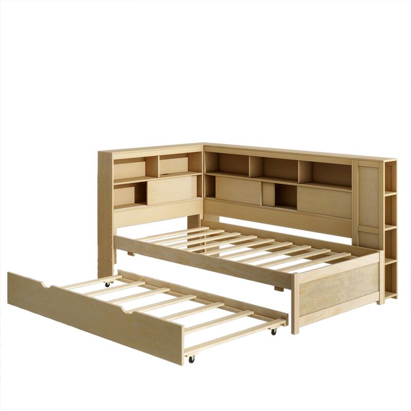 Wooden Twin Daybed with Built-In Storage Shelves, USB Port, and Trundle - Natural
