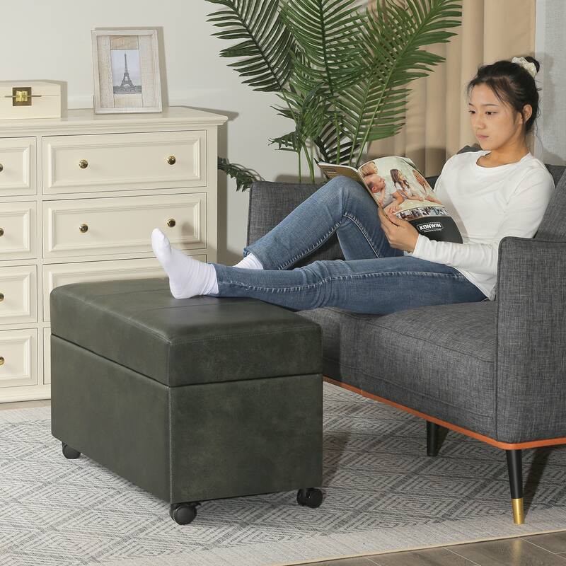 Adeco Faux Leather Storage Ottoman for Living Room