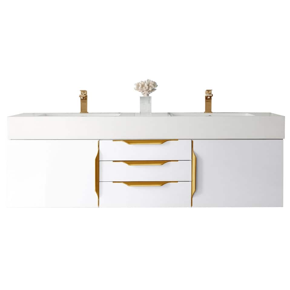 James Martin Vanities Mercer Island 59" Double Vanity, Glossy White with Radiant Gold Hardware
