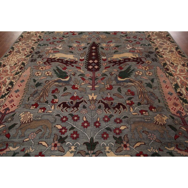 Hunting Animals Gray Ziegler Oriental Large Rug Handmade Wool Carpet - 9'8"x 13'10"
