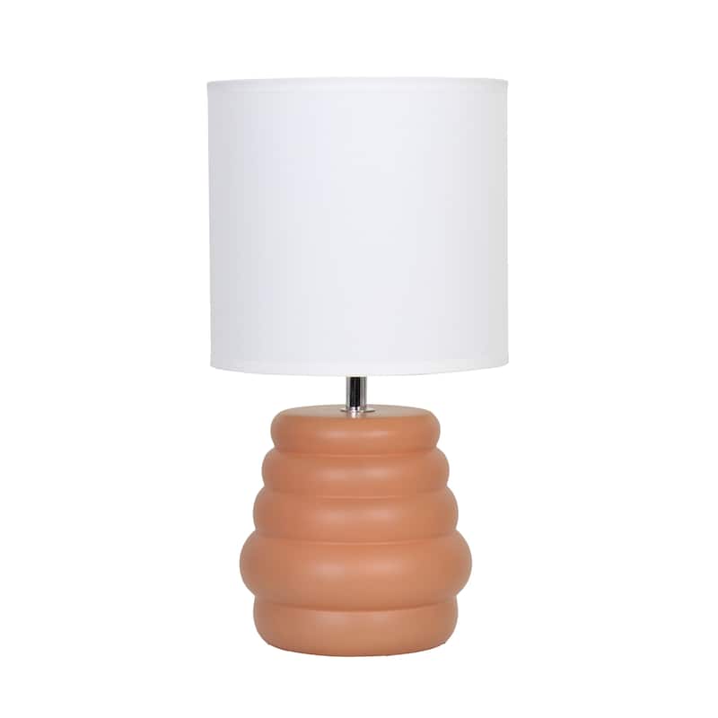 Stacked Ceramic Mini Table Lamp with Fabric Drum Shade Modern Sculptural Accent Lighting Compact Design