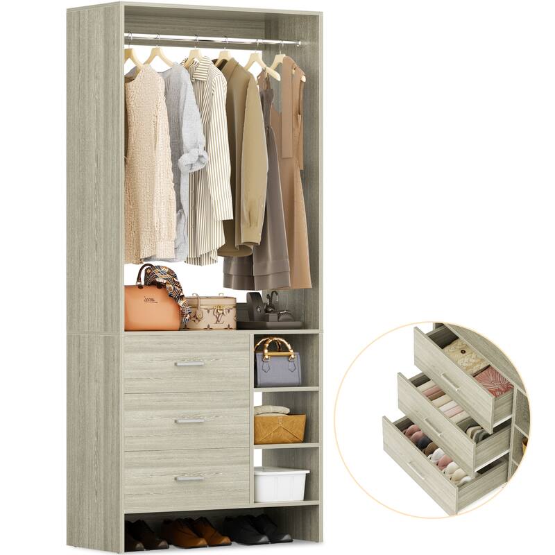 Cimly 30'' W Freestanding Closet Sytem with Hanging Rod, Closet Organizer with Drawers and Shelves - White Oak