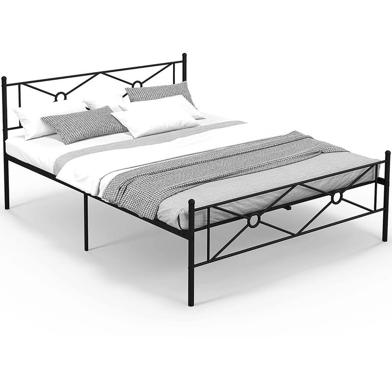 Queen Size Metal Platform Bed Frame w/ Headboard Mattress Foundation - Black