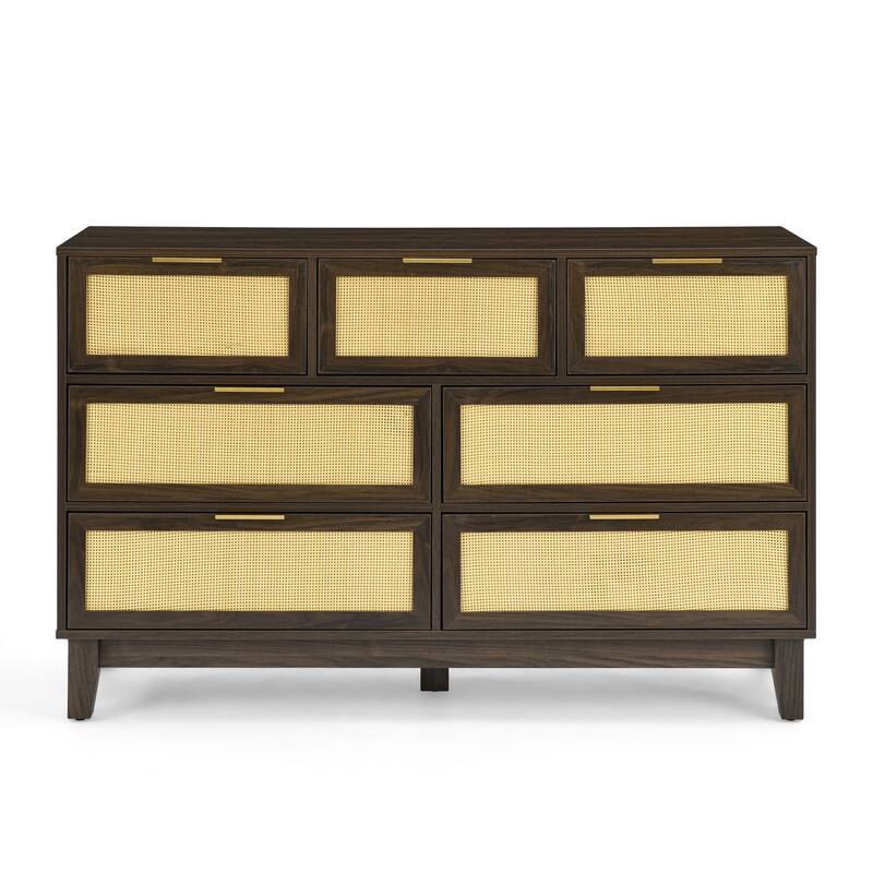 Modern Rattan Dressing Wooden Storage Cabinet with 7 Spacious Drawers, for Bedroom, Living Room and Hallway