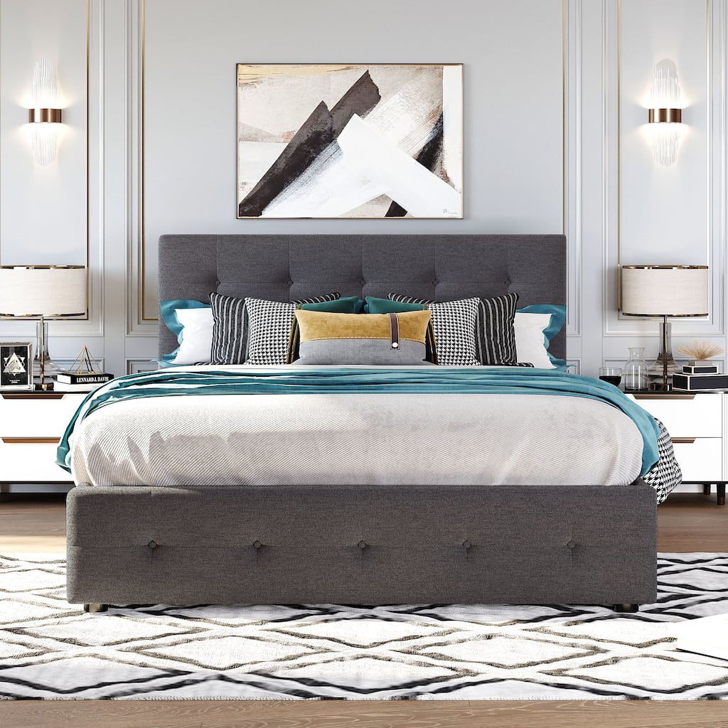Queen Upholstered Platform Bed with Trundle Bed and Drawers