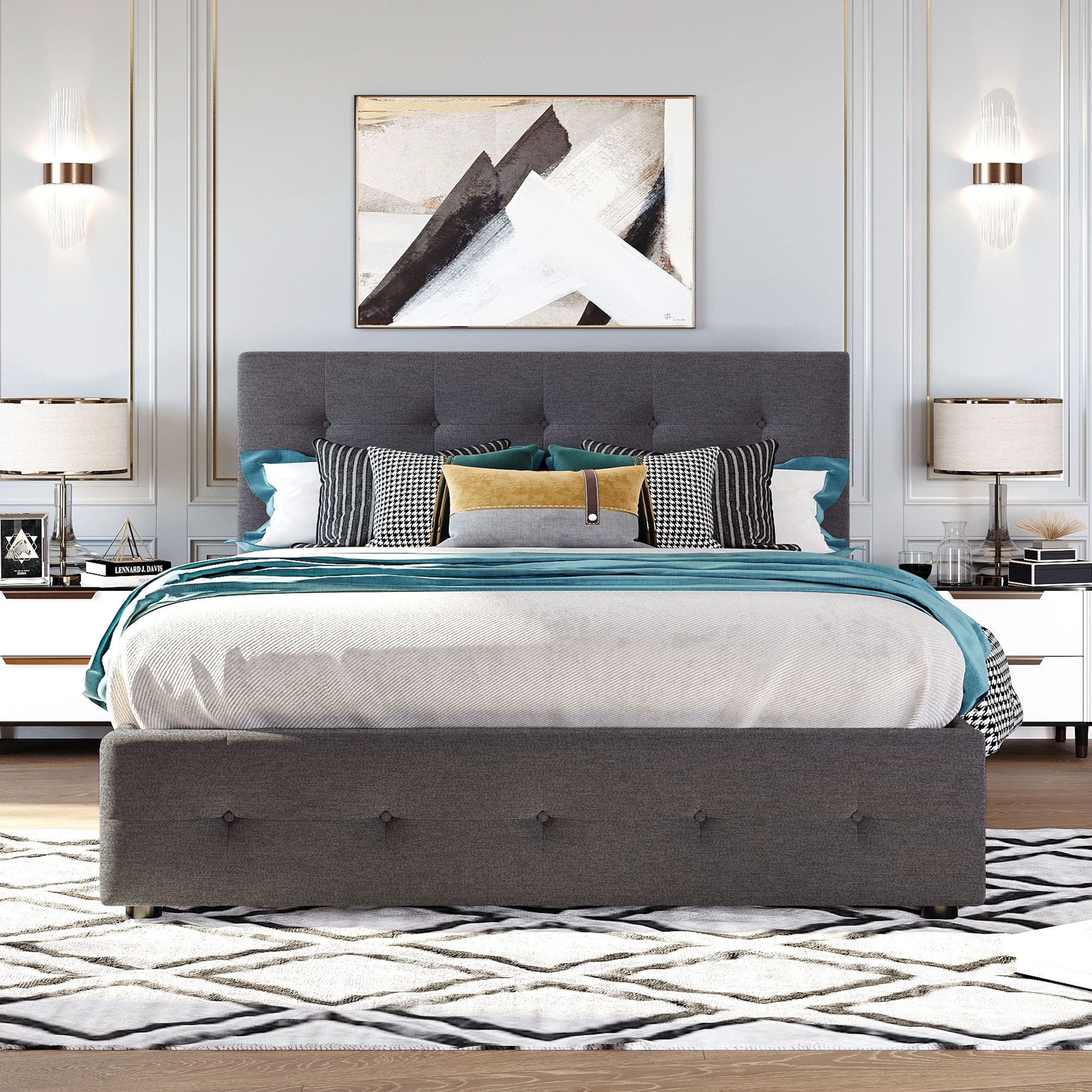 Queen Upholstered Platform Bed with Trundle Bed and Drawers