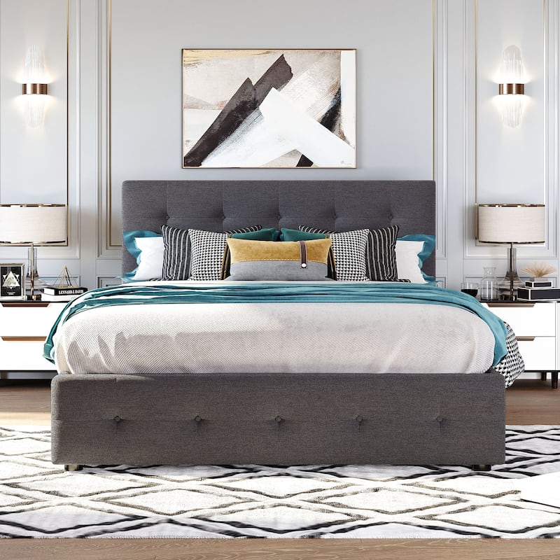 Roomfitters Queen Upholstered Platform Bed with Pull-Out Trundle, Modern Tufted Headboard