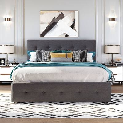 Upholstered Platform Bed with 2 Drawers and 1 Twin XL Trundle, Linen Fabric, Queen Size