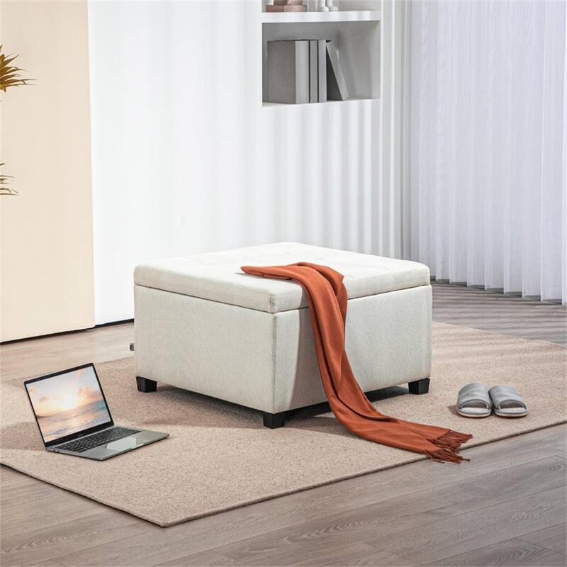 Button-Tufted Storage Ottoman with Flip-Top Seat and Linen-Texture Cushion Wood Frame