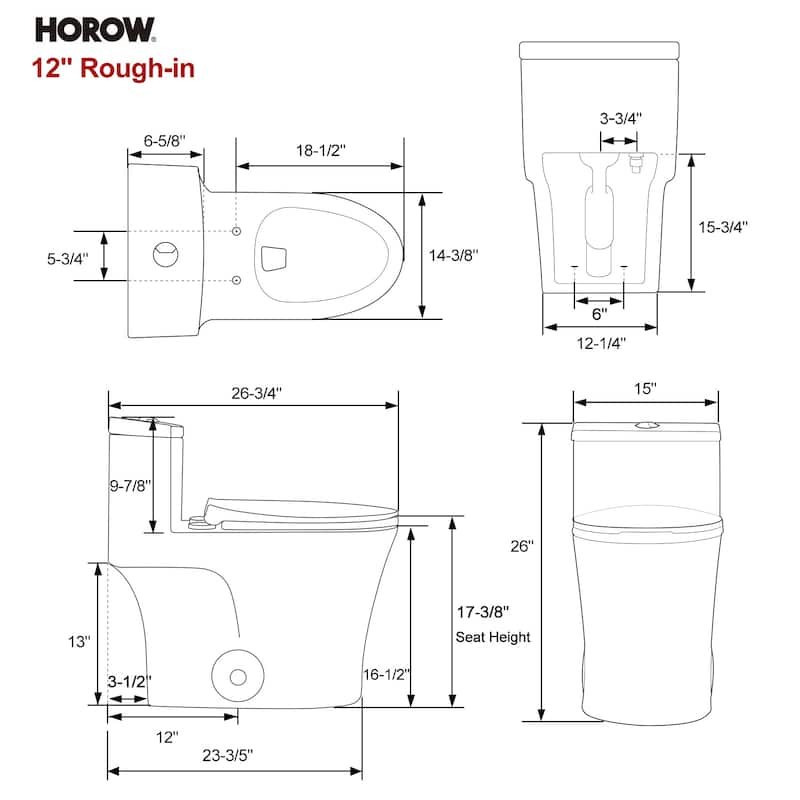 HOROW 1 Piece High Efficiency Dual Flush Elongated Toilet Biscuit 0.8 1.28 GPF Seat Included