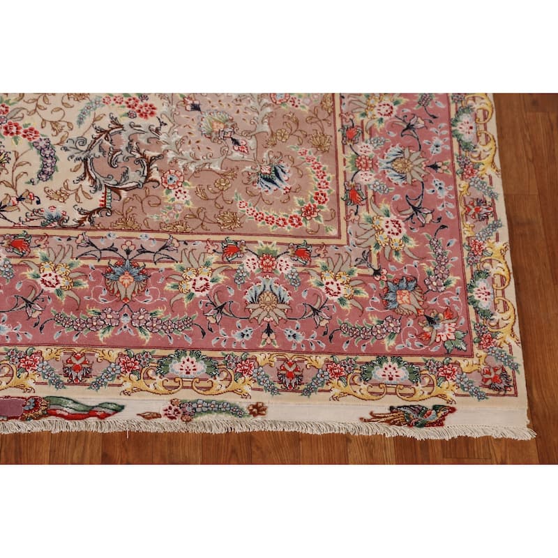 Hand Knotted Oriental Wool & Silk Carpet Traditional Floral Beige & Ivories Tabriz Area Rug - 10' 4'' X 6' 6''