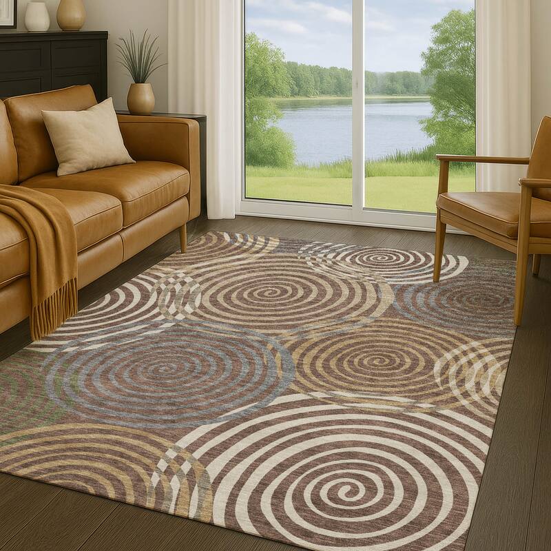 Machine Washable Indoor/ Outdoor Contemporary Swirls Chantille Rug