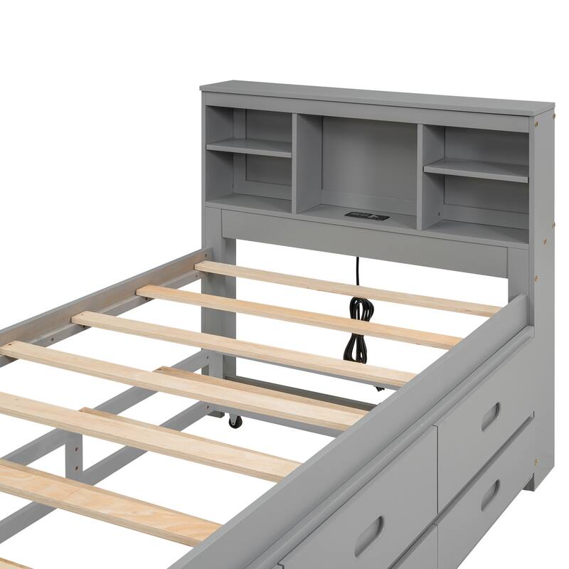 Twin & Full Size Platform Bed with Storage Headboard, USB, Twin Size Trundle and 3 Drawers