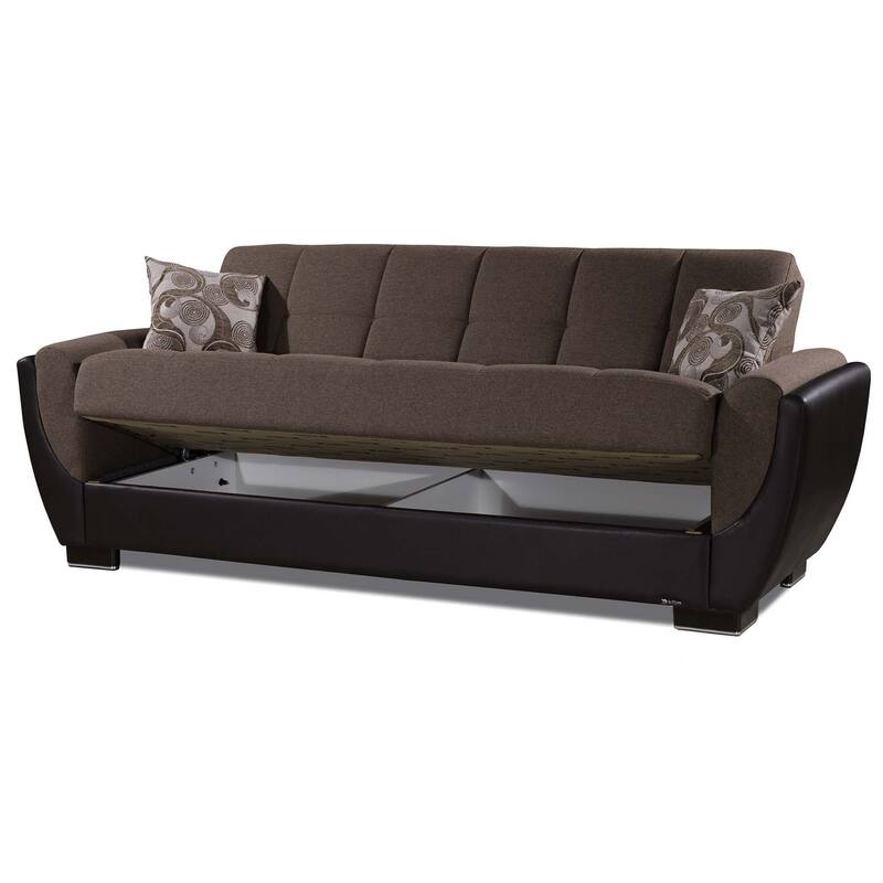 HomeRoots 93" Brown Chenille And Faux Leather Convertible Futon Sleeper Sofa And Toss Pillows With Storage