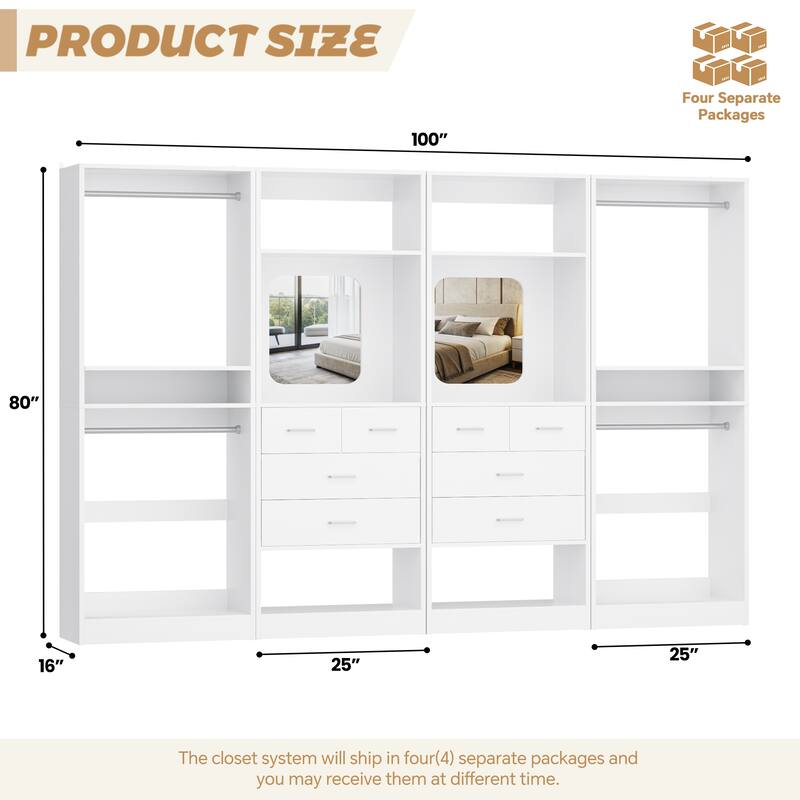 Set of 4 Closet System with 4 Drawer and Hanging Rods, Freestanding Closet Organizer with Storage Shelves
