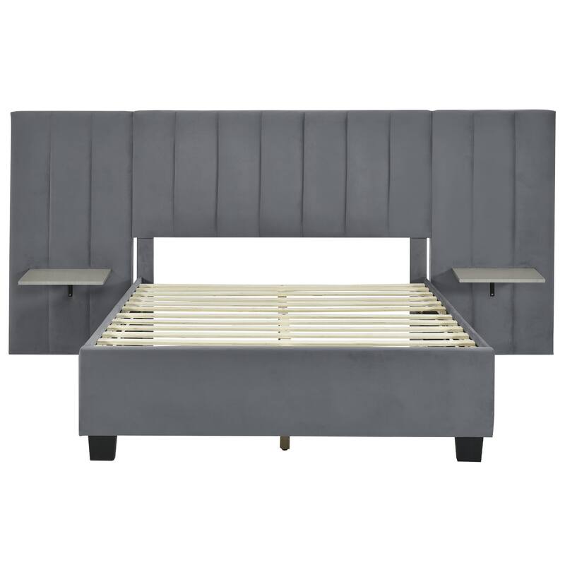 HomeRoots Dark Gray Tufted Velvet Upholstered Lighted Full Bed Frame