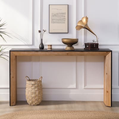 Modern Minimalist Console Table 2 Tone Finish Sofa Table - Features Black Wood Grain Top Paired with Natural Wood Inner Frame