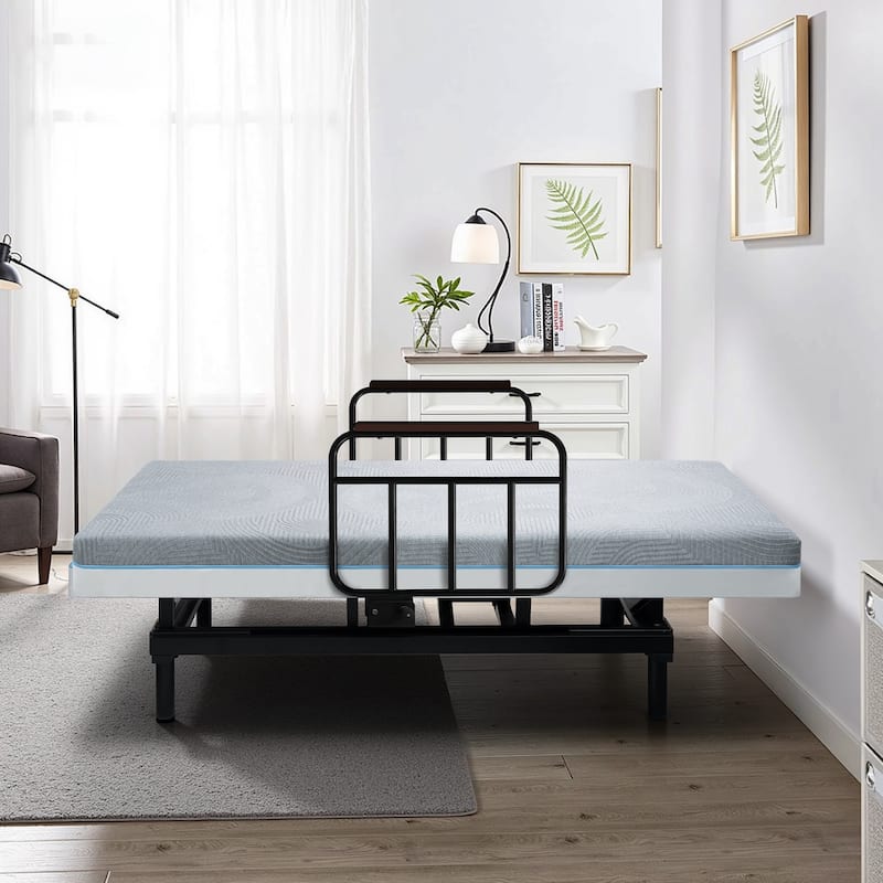 Electric Adjustable Bed with Memory Foam Mattress, Safety Rails, and Detachable Tray for Seniors and Recovery