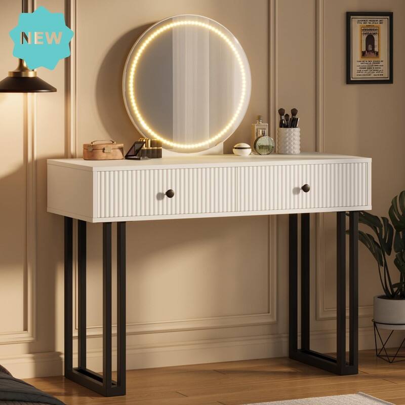 49.2" Vanity Desk with Mirror and Lights, Modern Makeup Table with 2 Drawers - White