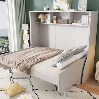 Full Size Murphy Bed with a Desk and Storage Shelves, Wooden Wall Bed Murphy Cabinet Bed with Top Cabinet, Space Saving Design
