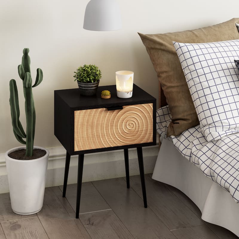 COZAYH Modern Farmhouse Nightstand, Drawer with Handcrafted Wood Ring Motif