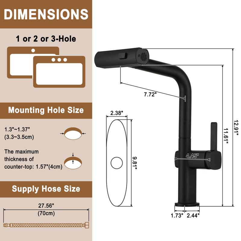 Single Handle Pull Out Sprayer Kitchen Faucet with 3 Functions Spray, 360° swivel