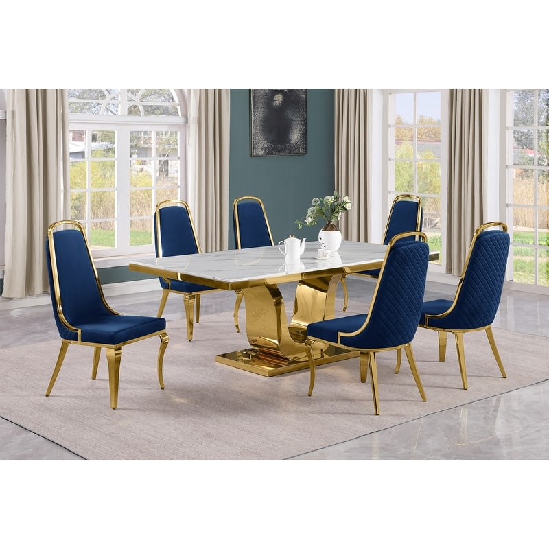 Best Quality Furniture D321-SC314-7 Dining Set with 78" White Marble Top - 7-Piece - Navy Blue / Gold