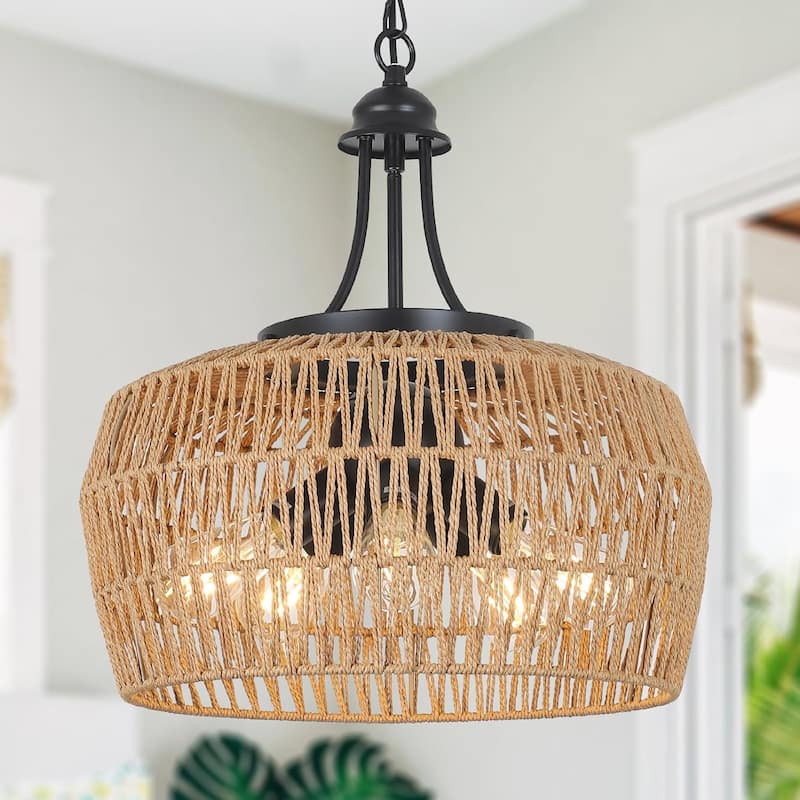 Rattan Chandelier Light Fixture, Hanging Pendant Lighting for Kitchen Island, 5-Light Chandeliers with Wicker Lampshade