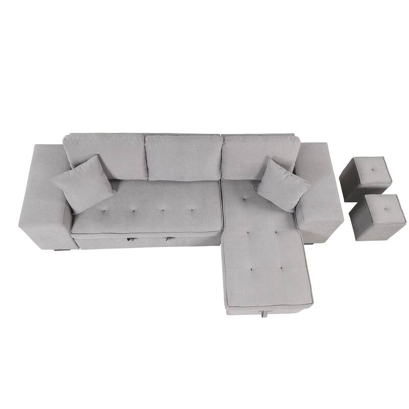Modern L-Shape 3 Seat Reversible Sectional Couch, Pull Out Sleeper Sofa with Storage Chaise and 2 Stools