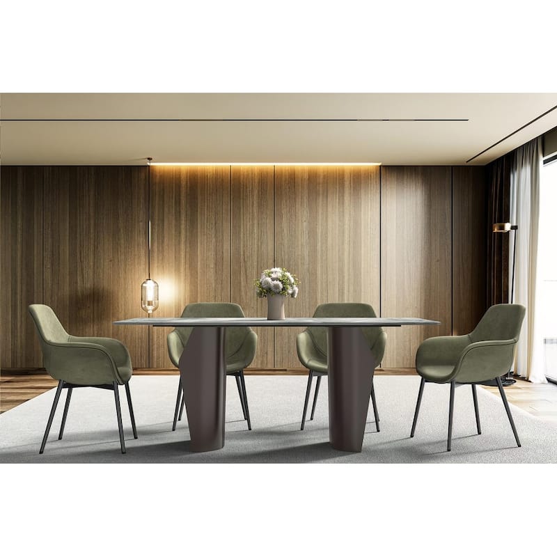 Zelan Mid-Century Modern Rectangular Sintered Stone or Glass Dining Table with Steel Legs Furniture for Home and Office