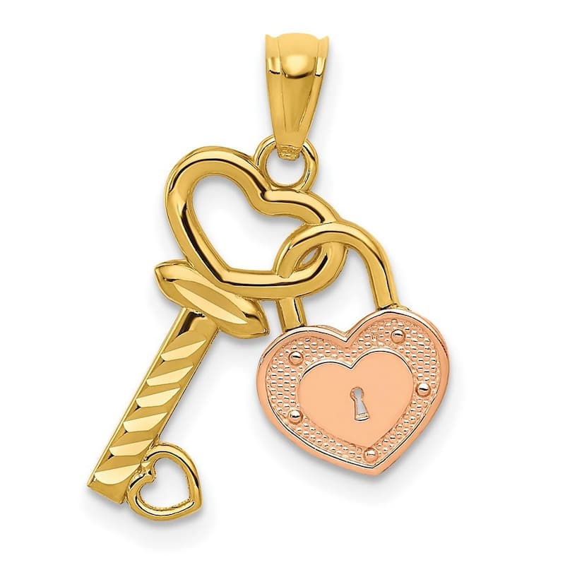 Curata 14k Two-Tone Gold 18" Heart Lock and Key Pendant Necklace