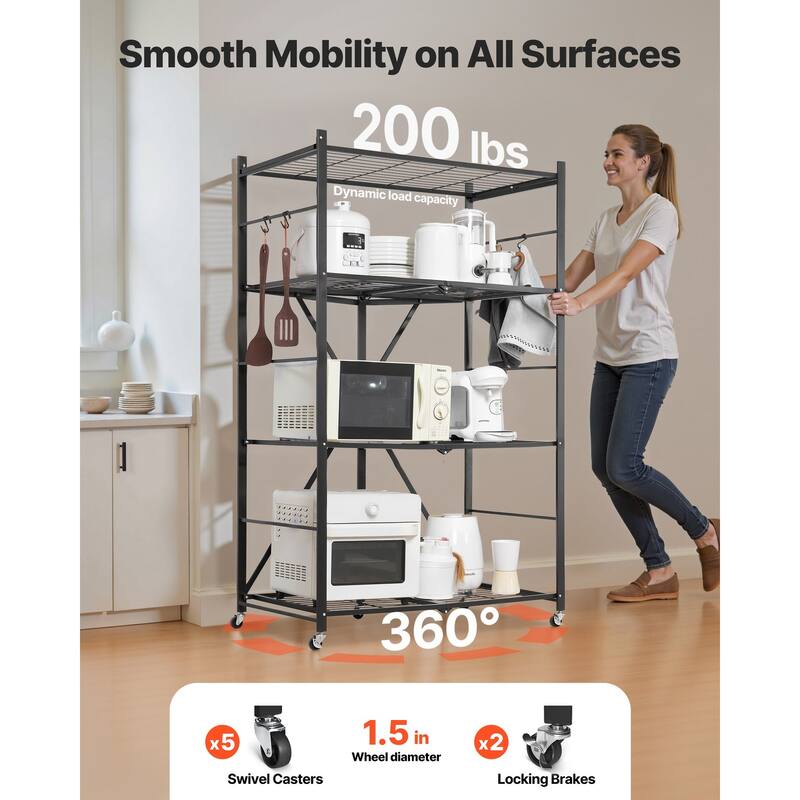 Black Carbon Steel Folding Garage Shelf with 5 Swivel Wheels - 21 x 36 x 60 in