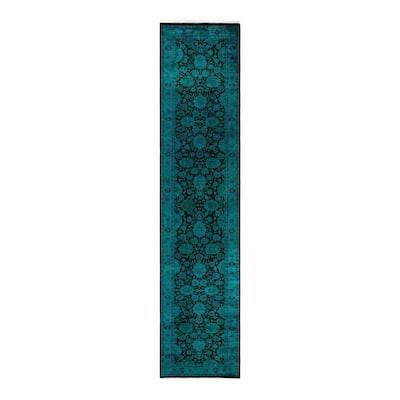 Overton Hand Knotted Wool Vintage Inspired Modern Contemporary Overdyed Blue Area Rug - 2' 7" x 12' 0"