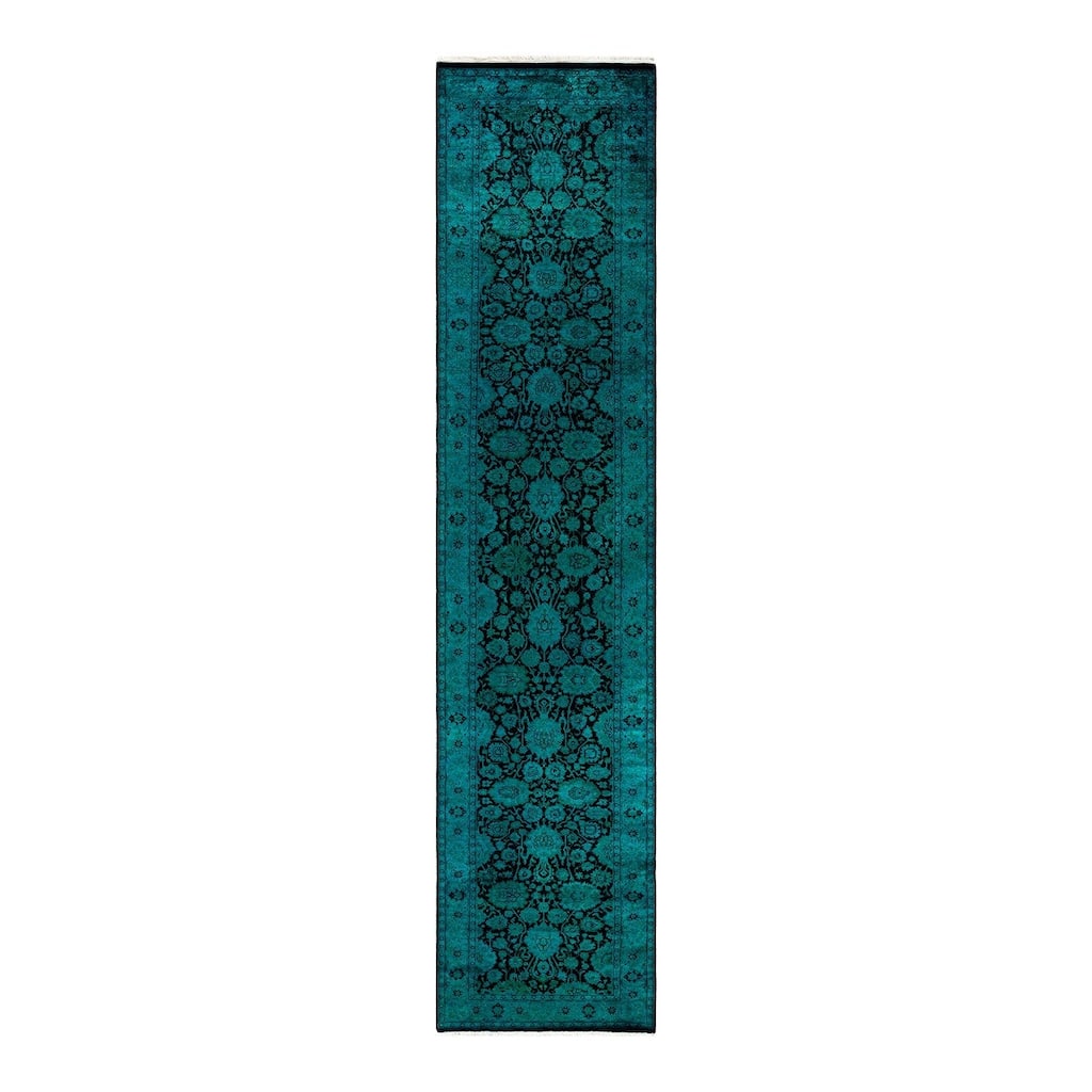 Overton Hand Knotted Wool Vintage Inspired Modern Contemporary Overdyed Blue Area Rug - 2' 7" x 12' 0"