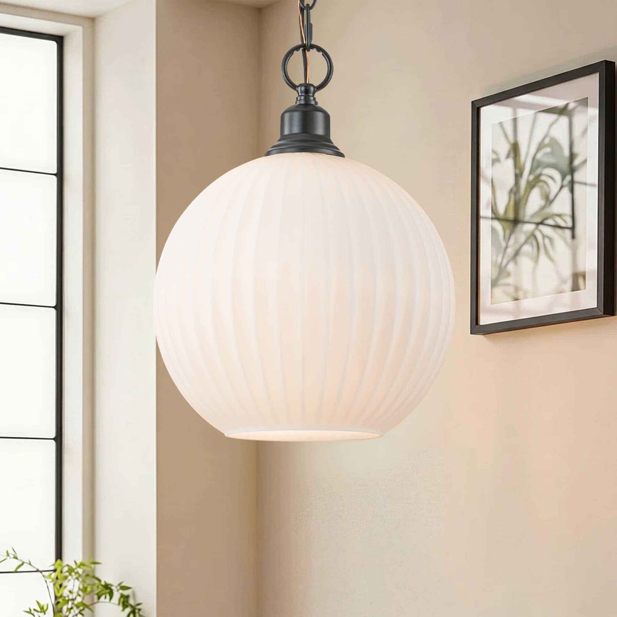 Rennnsan 1-Light 11.8 in. Modern Black Globe Pendant Light with White Ribbed Glass Shade for Kitchen Island Dining Room