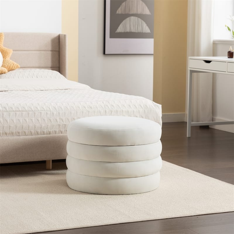 Fabric Storage Round Ottoman Footstool with Wooden Shelving