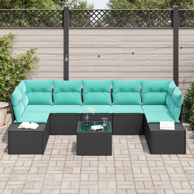 vidaXL 8 Garden Sofa Set with Cushions Black Poly Rattan - 113.8 x 60.6 x 27.2