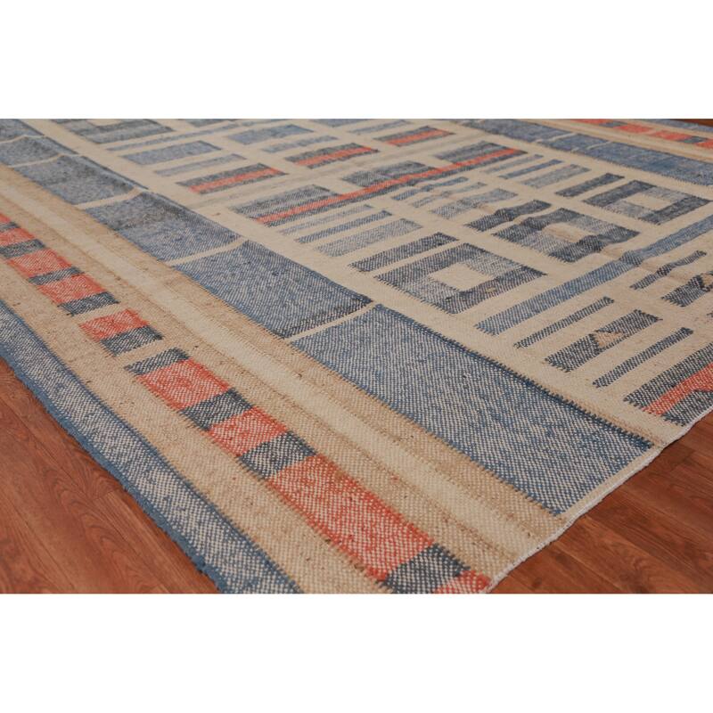 Hand Woven Oriental 100% Jute Carpet Southwestern Modern Navy Blue & Blues Kilim Area Rug - 9' 4'' X 8' 7''
