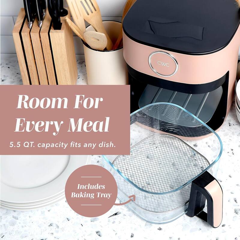 COOK WITH COLOR 1200W Air Fryer: Glass Basket, Dishwasher Safe, 60min Timer, 6 Presets, Temp Control 175F-400F, 4 - 5.5 QT