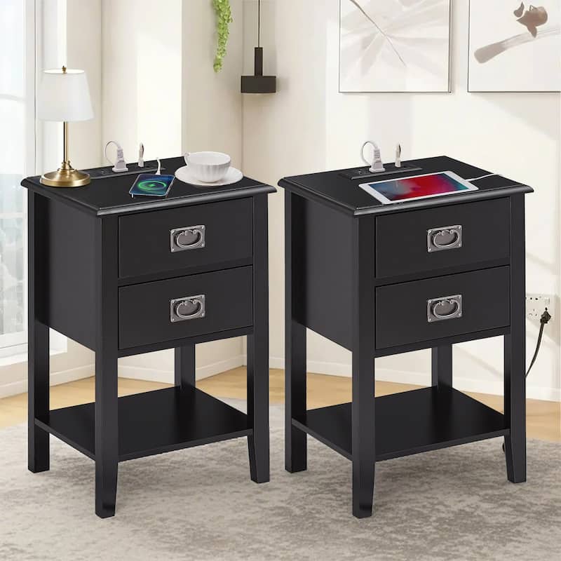 VECELO Mid Century Modern Nightstand with Charging Station and USB Port, Set of 2 Nightstands - Black - 2-drawer