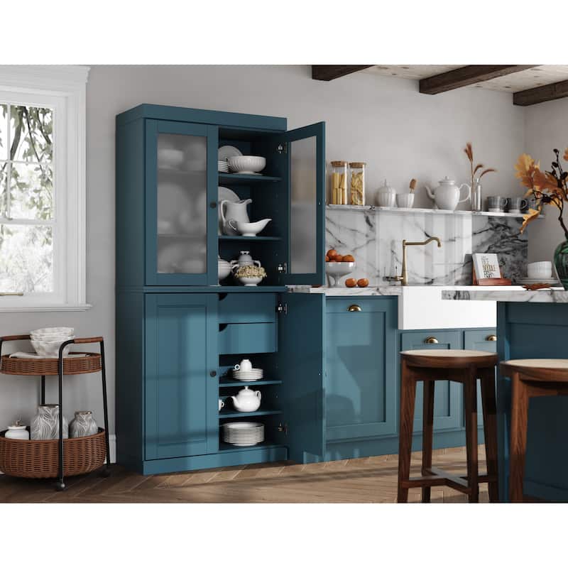 Palace Imports 100% Solid Wood Pantry Cabinet with Frosted Glass Doors, Solid Doors, 2-Drawers and Adjustable Shelves - Teal