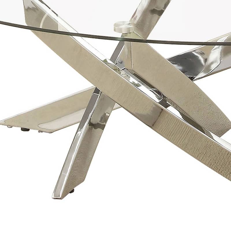 Oval Shape Glass Top Coffee Table with Criss Cross Base, Silver and Clear