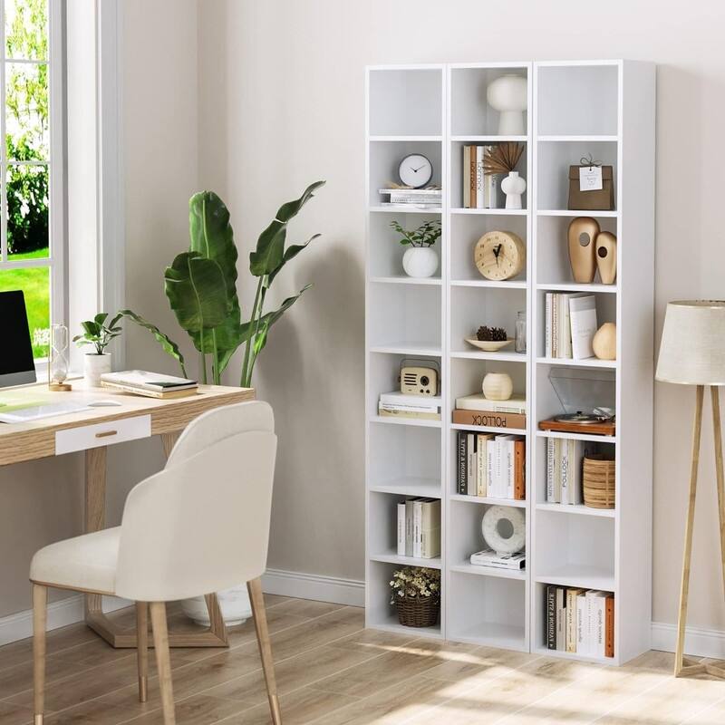 Grondin 8-Tier Media Tower, Wooden Media Storage Rack with Adjustable Shelves, Tall Narrow Bookcase Display Bookshelf