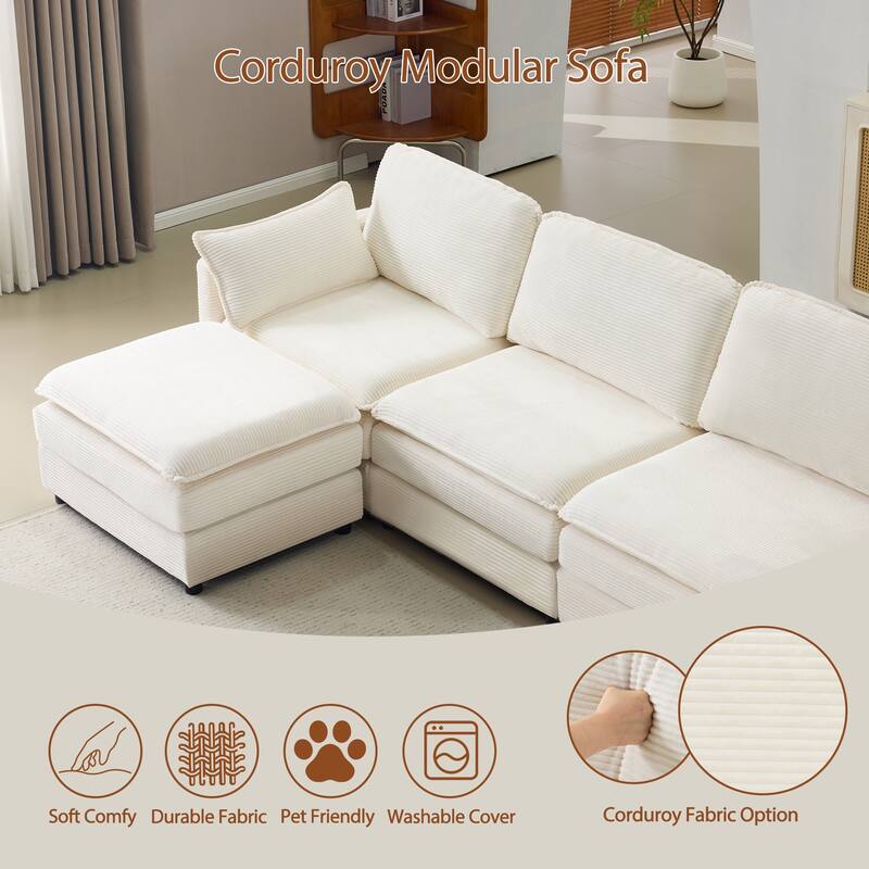 U-Shaped Modular Sectional Sofa with 2 Ottomans, Oversized Corduroy Upholstered Cloud Sofa, 4-Seater Sofa with 2 Throw Pillows